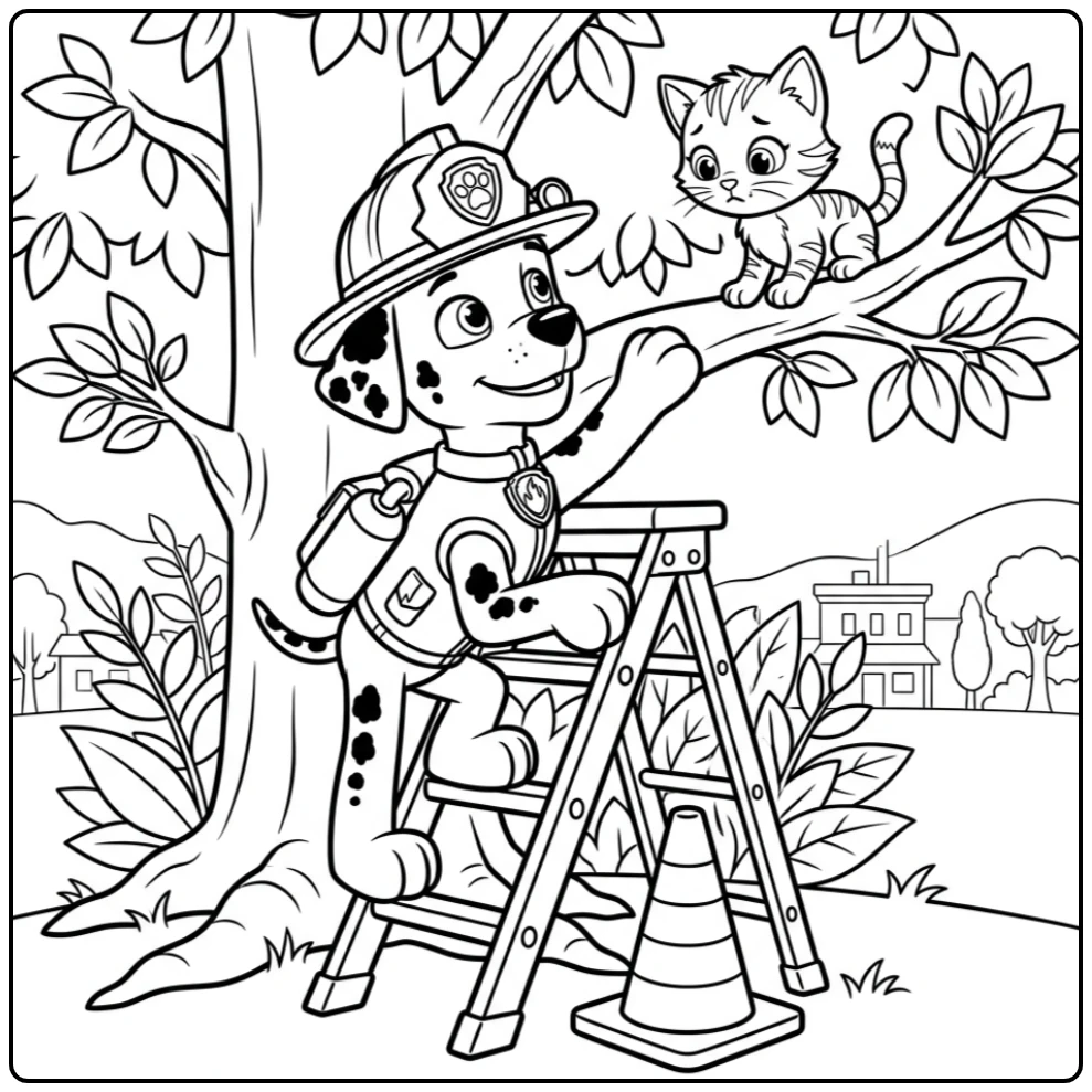 Paw Patrol Marshall coloring page with a fire rescue