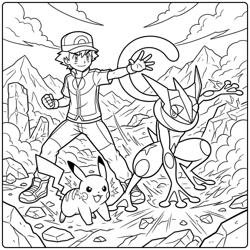 Heroic Pikachu Greninja and Ash coloring page