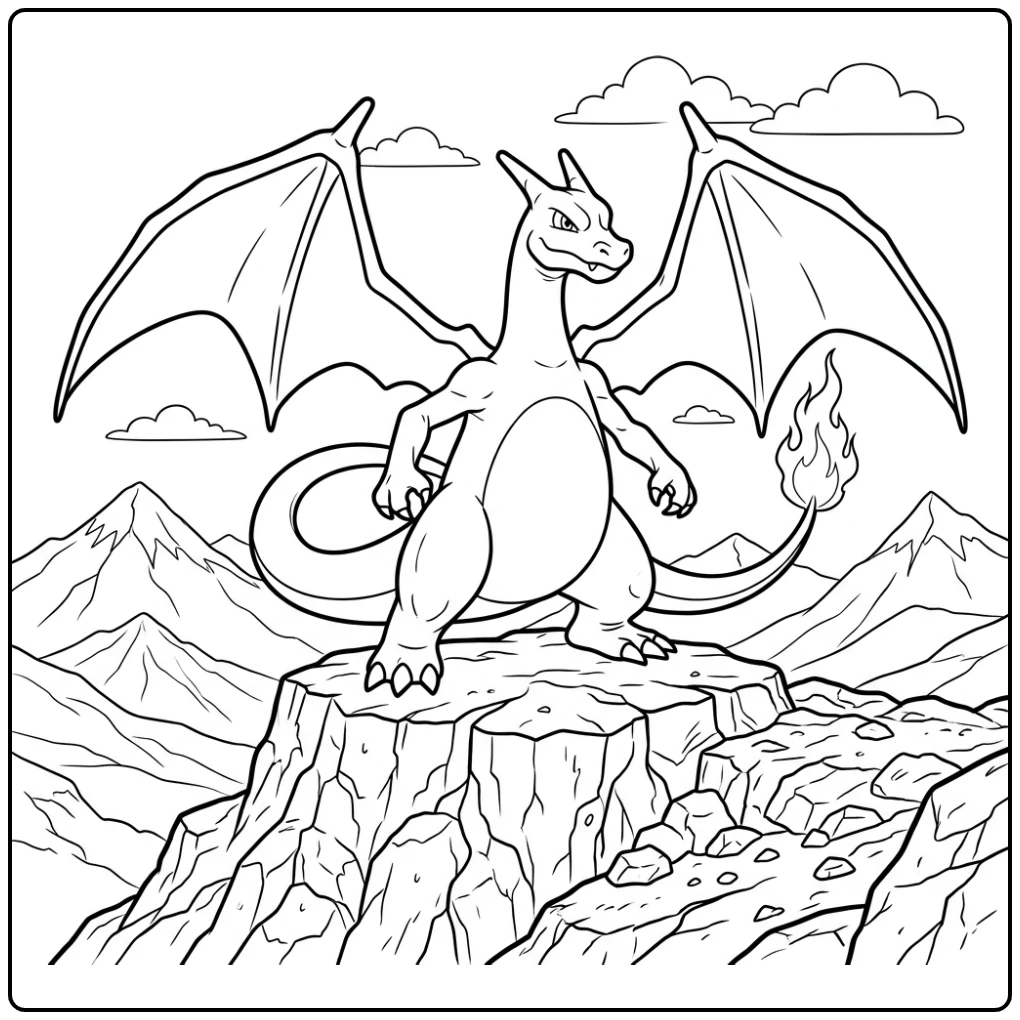 Heroic Pokemon Charizard X Posing on Rocky Cliff coloring page