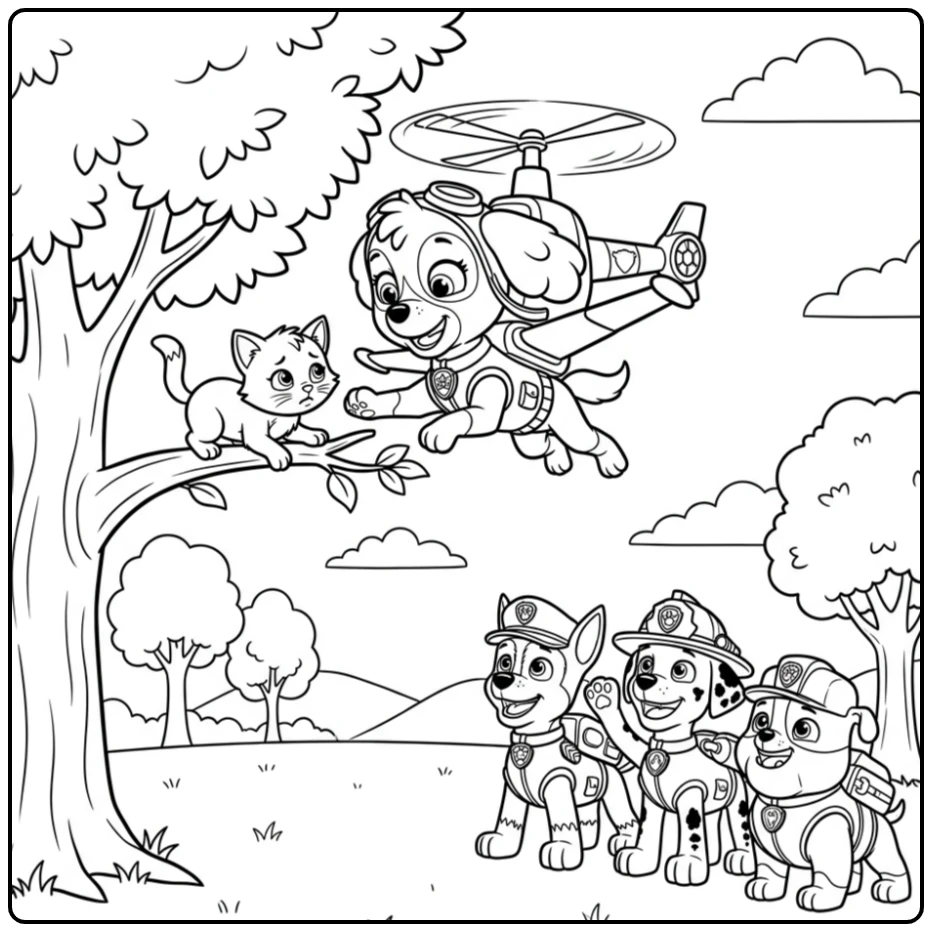 Heroic Skye Paw Patrol Kitten Rescue Action coloring page