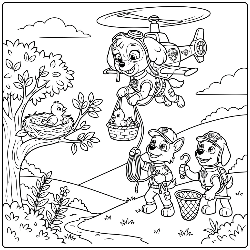 Heroic Skye Paw Patrol Rescue of a Baby Bird coloring page