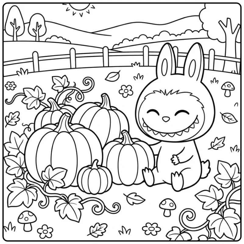 Autumn Cute Labubu Among the Pumpkins coloring page