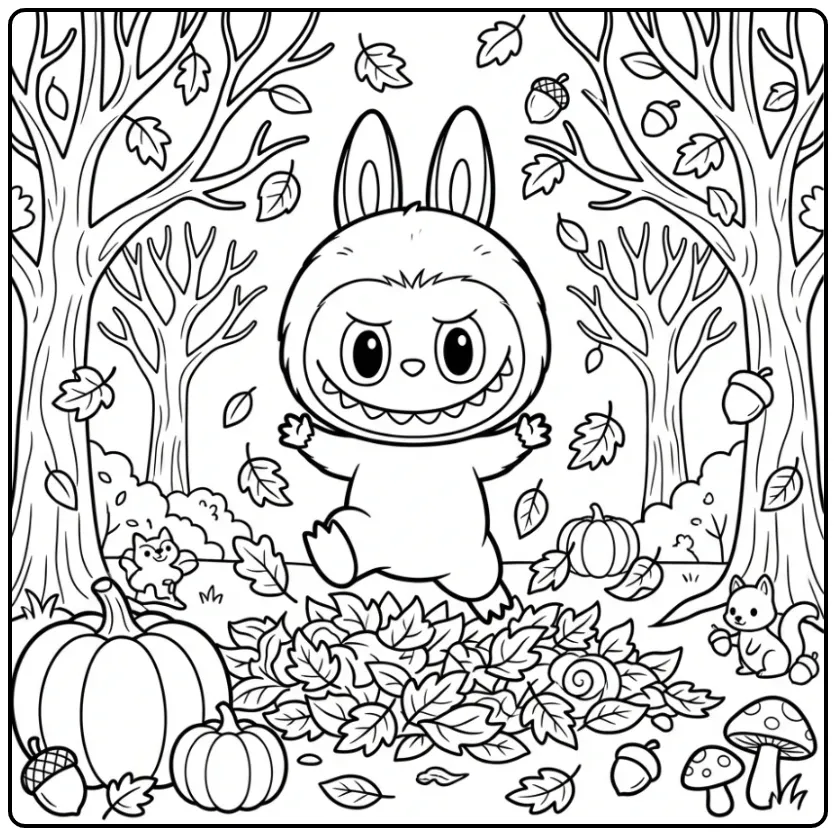 Autumn Labubu Pumpkins and Trees coloring page