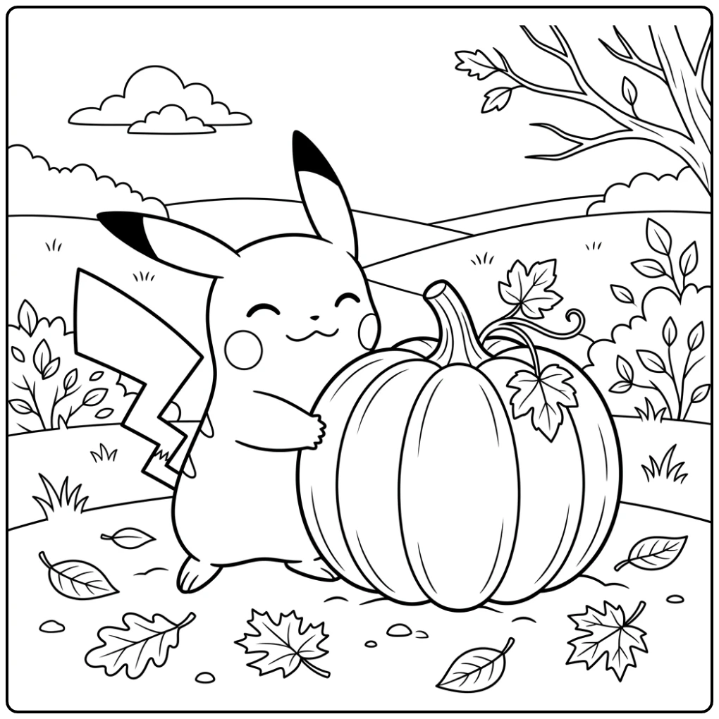 Autumn Pikachu with a Big Pumpkin coloring page