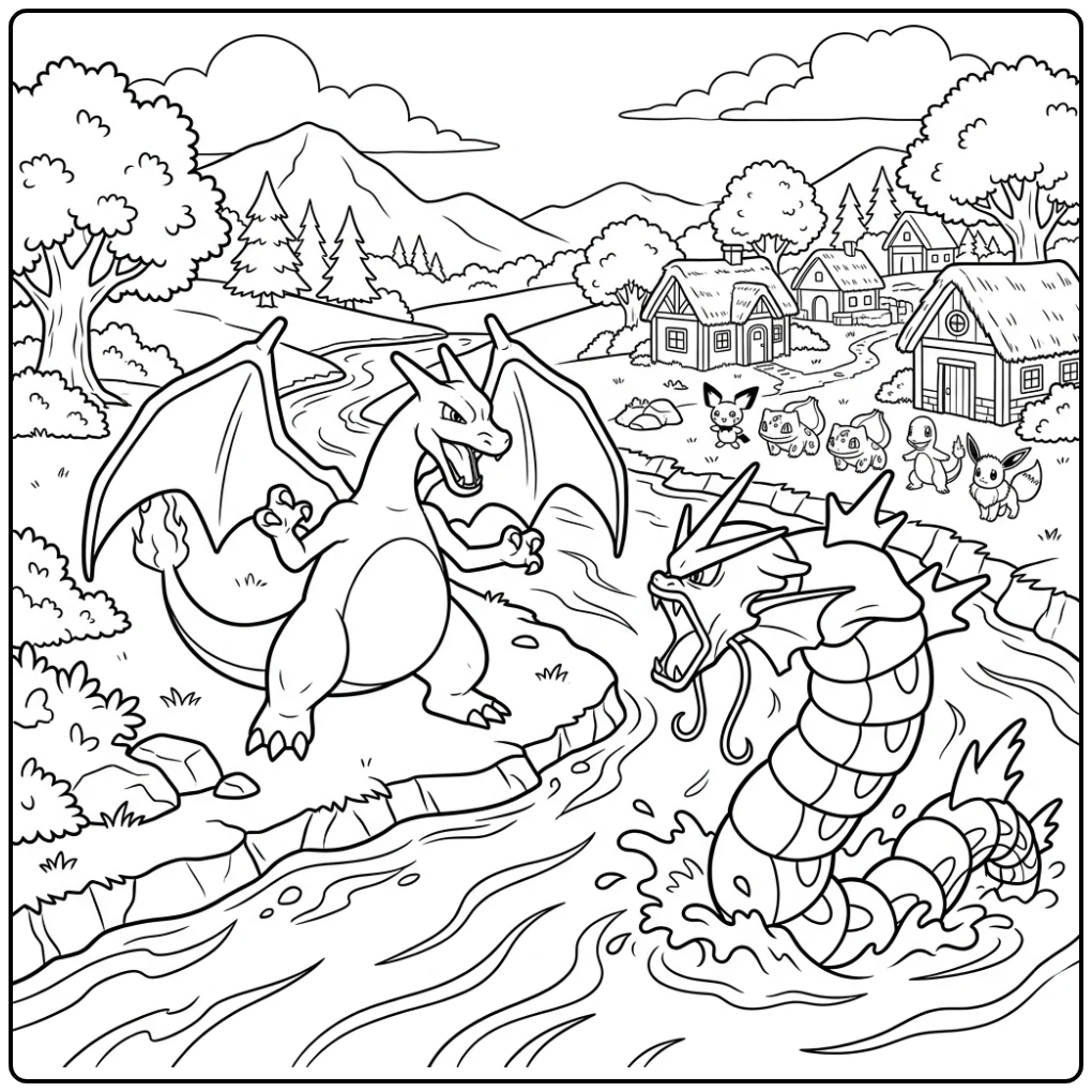 Heroic Charizard and Gyarados Epic Battle by the River coloring page
