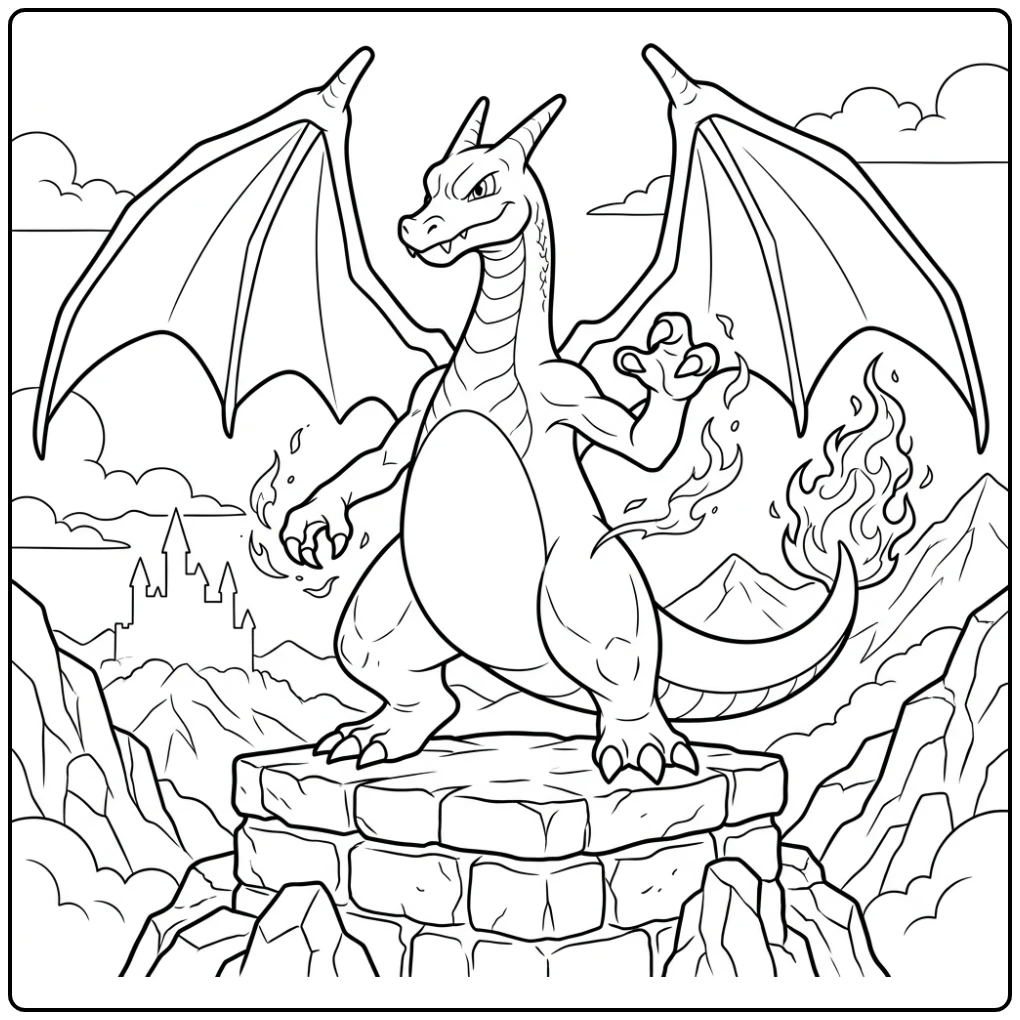 Heroic Charizard Fire and Force on a Pedestal coloring page