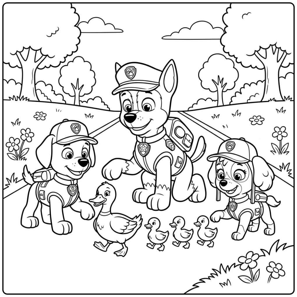 Heroic Paw Patrol Chase Helping Ducks Safe Crossing coloring page