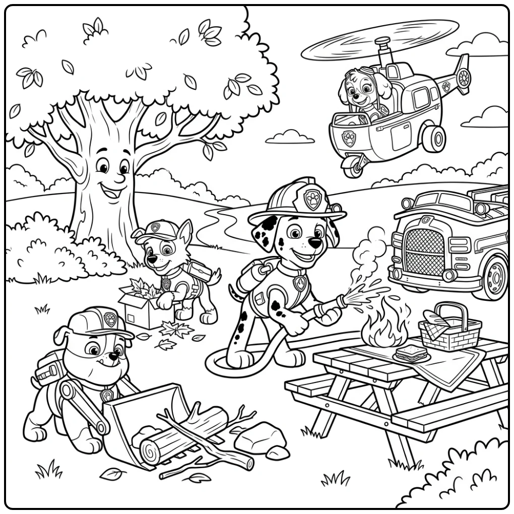 Heroic Paw Patrol Marshall Rescuing a Dog in the Park coloring page