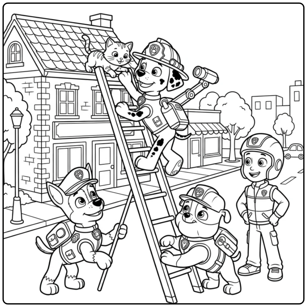 Heroic Paw Patrol Marshall Rescuing Cat in Adventure Bay coloring page