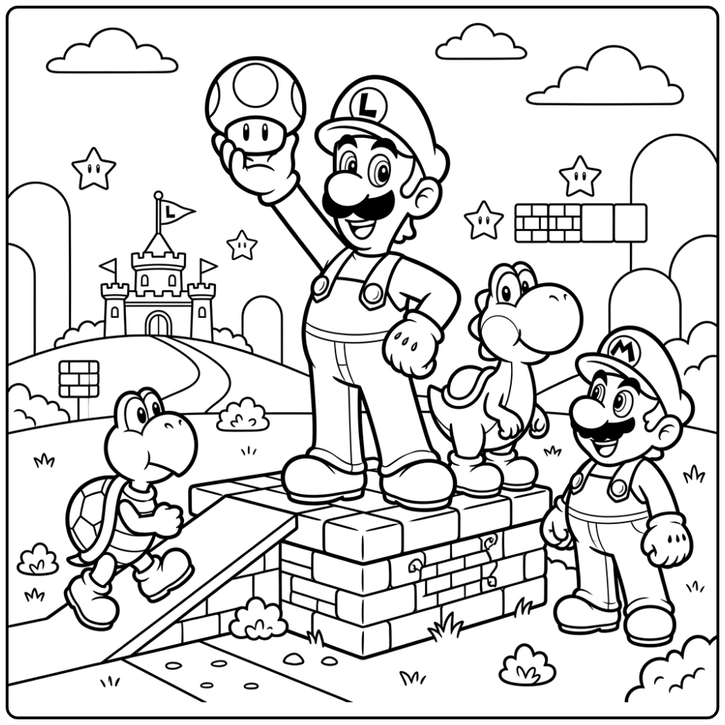 Heroic Luigi with Mario Yoshi and Koopa Troopa coloring page