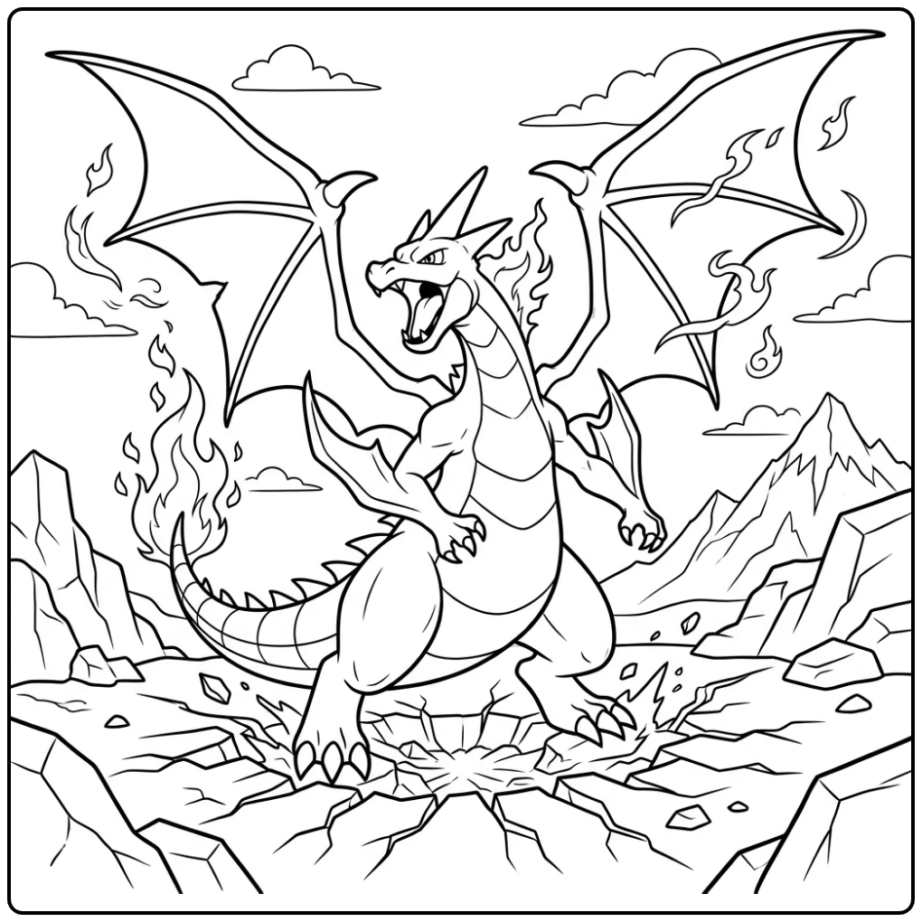 Heroic Pokemon Mega Charizard Y with Flaming Wings and Smoke coloring page