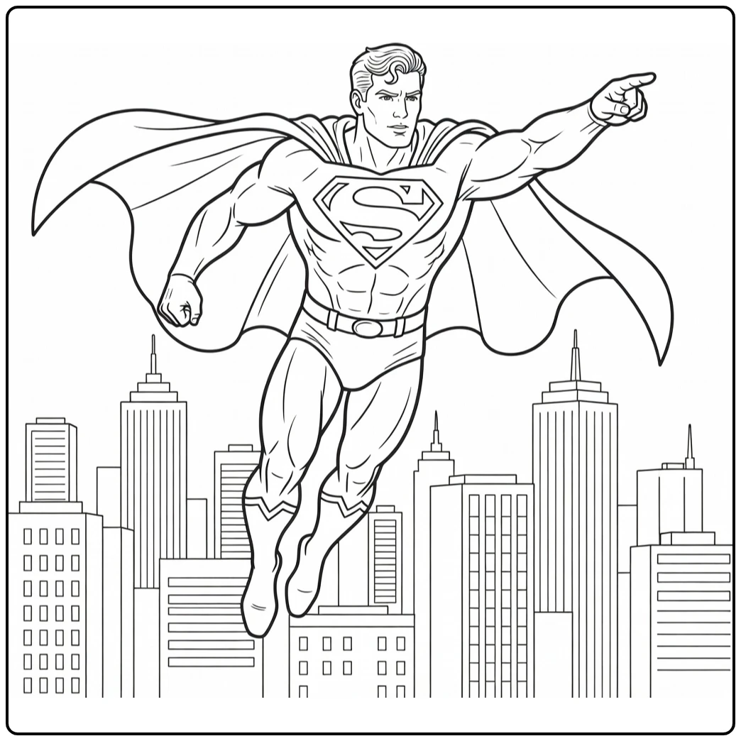 Heroic Superman in Flight Above Skyline coloring page