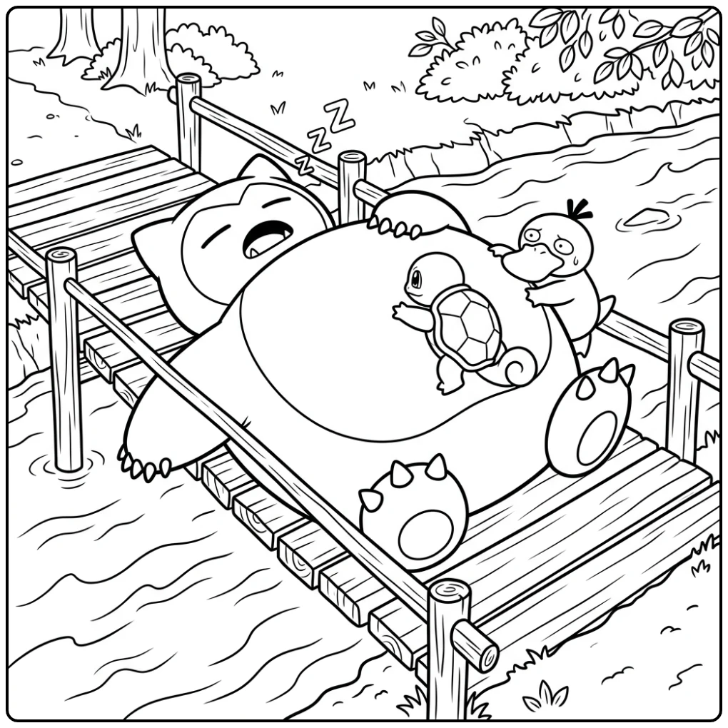 Hilarious Snorlax Blocking the Bridge for Pokemon coloring page