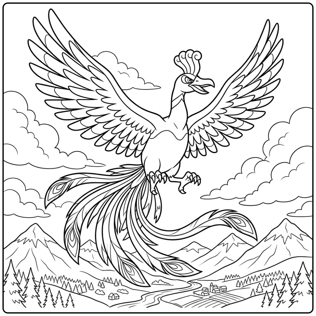 Pokemon Ho-Oh with Spread Wings in the Sky coloring page