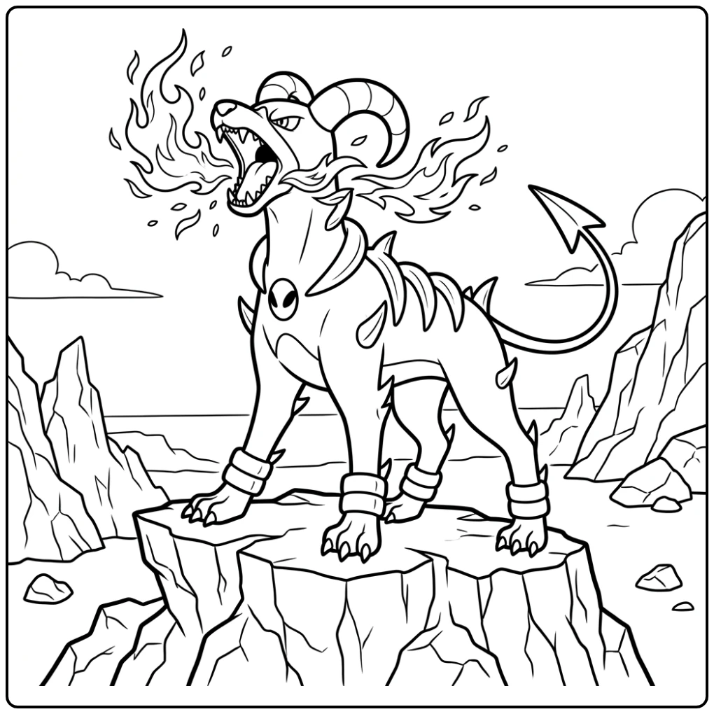 Houndoom Pokemon Fiery Brul on Sharp Rock coloring page