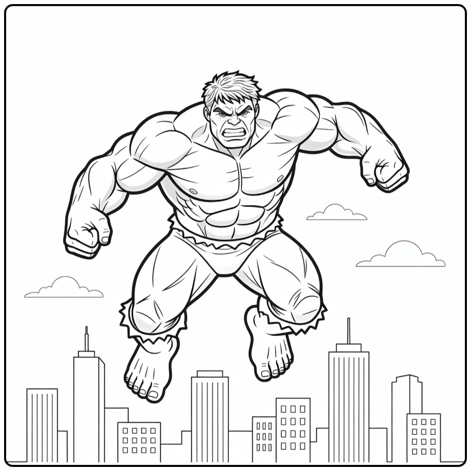 Hulk Jumping Hero Above the City coloring page