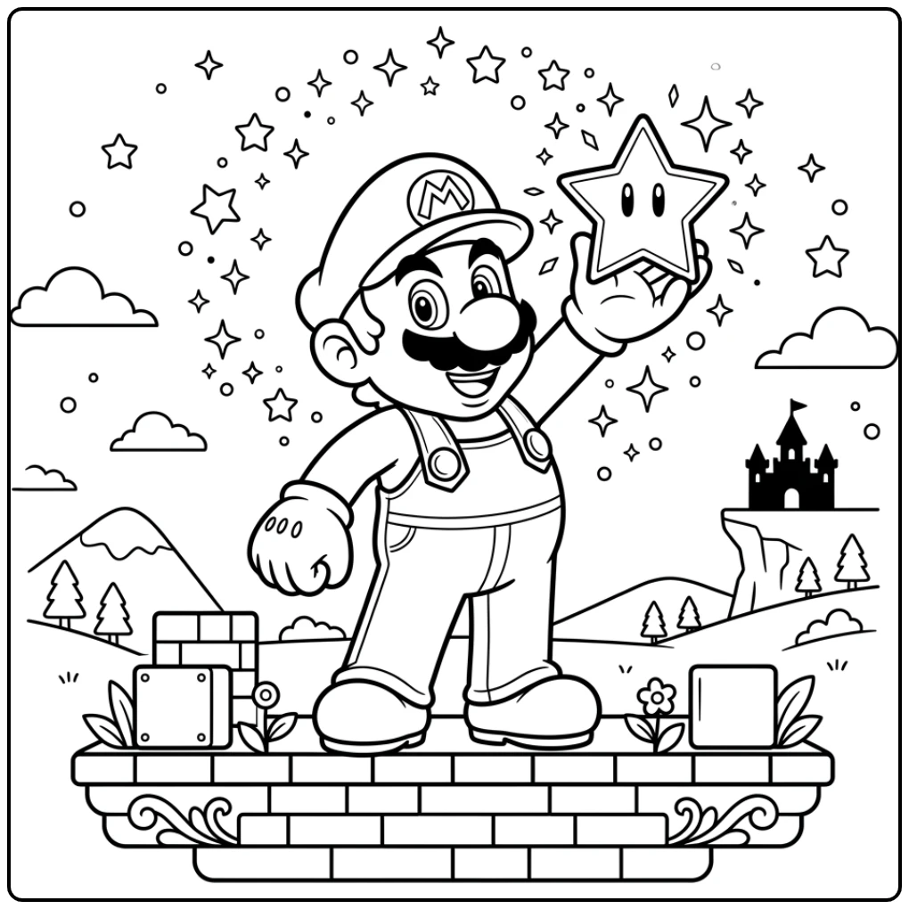 Iconic Mario with Star on a Simple Platform coloring page