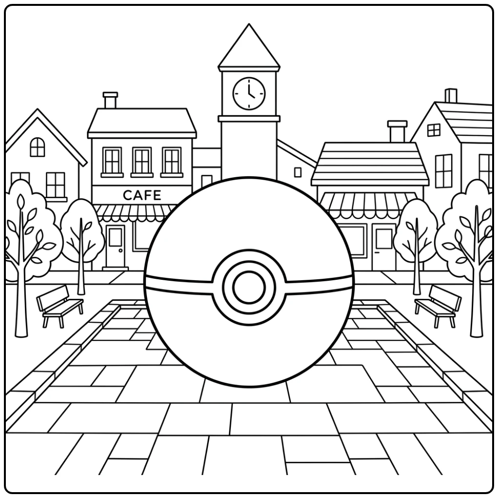 Iconic Poke Ball in City Square for Fans coloring page