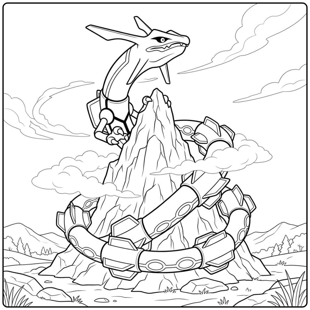 Iconic Rayquaza High on a Majestic Mountain coloring page