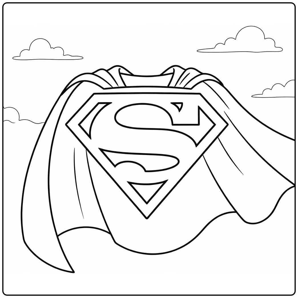 Iconic Superman Logo Cape and Heroic Clouds coloring page