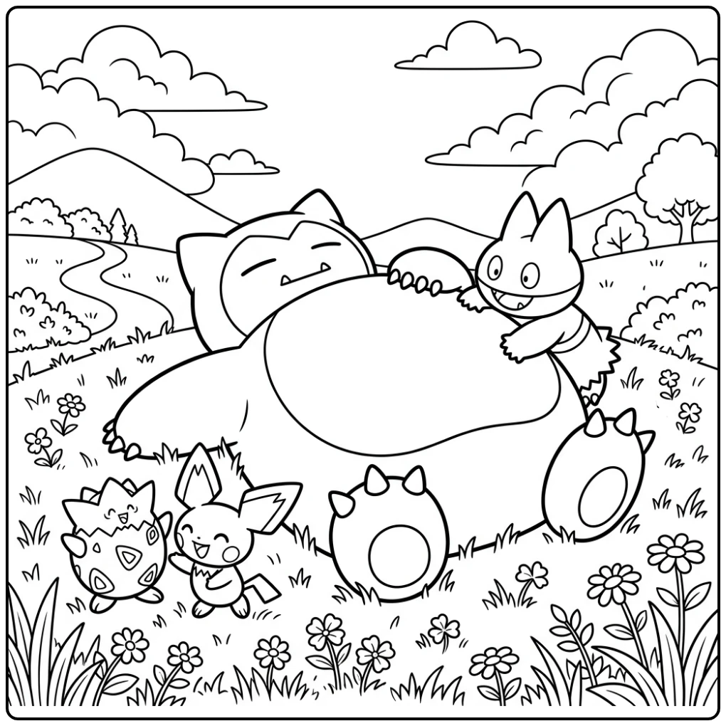 Idyllic Snorlax Munchlax Togepi Pichu coloring page