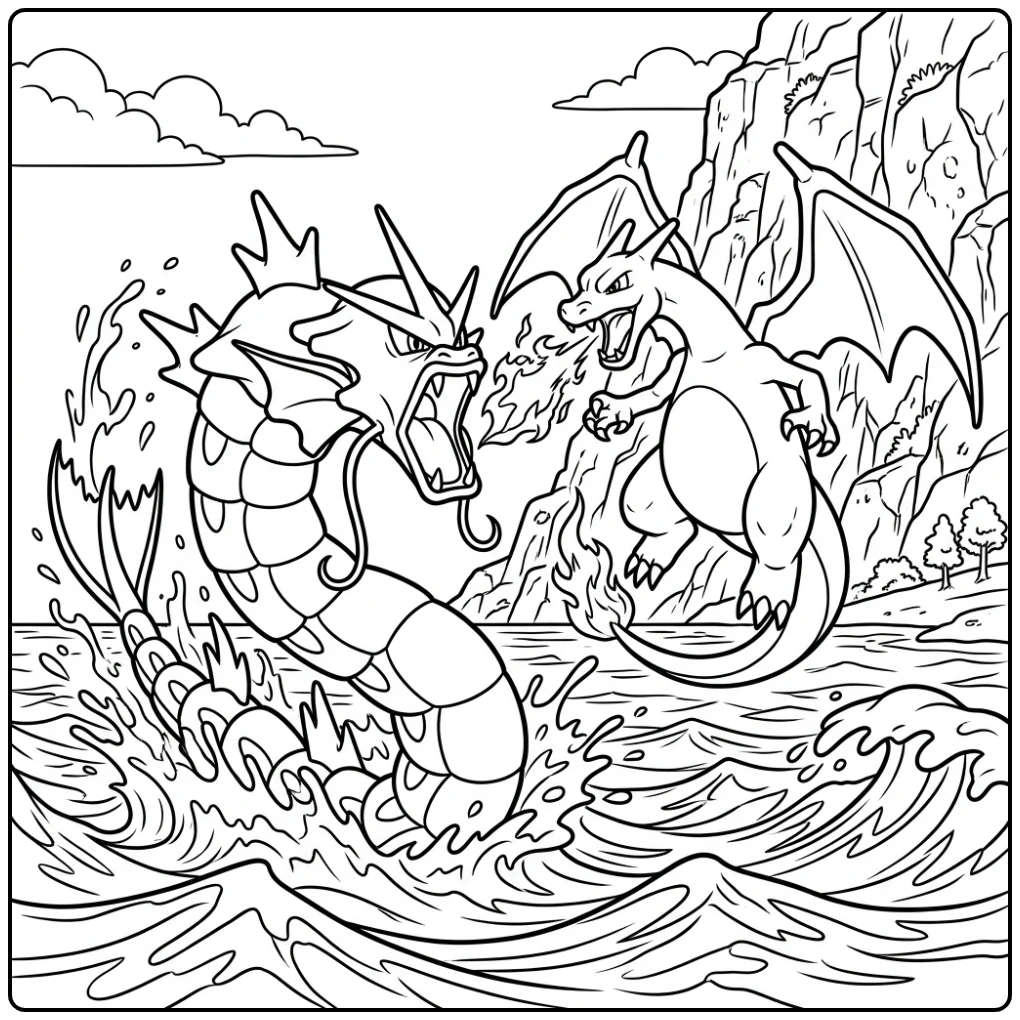Intense Gyarados Vs Charizard Sea Battle coloring page