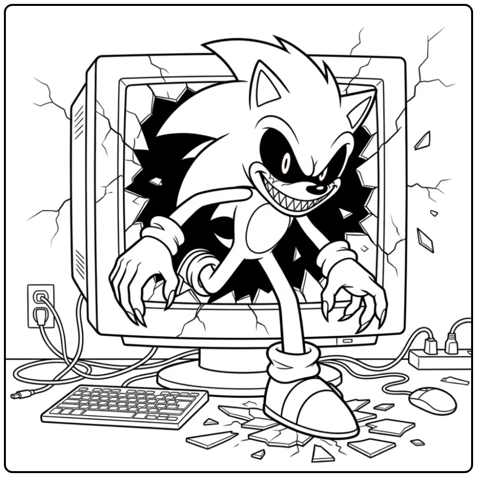 Intense Sonic.EXE Breaking Through a Screen coloring page