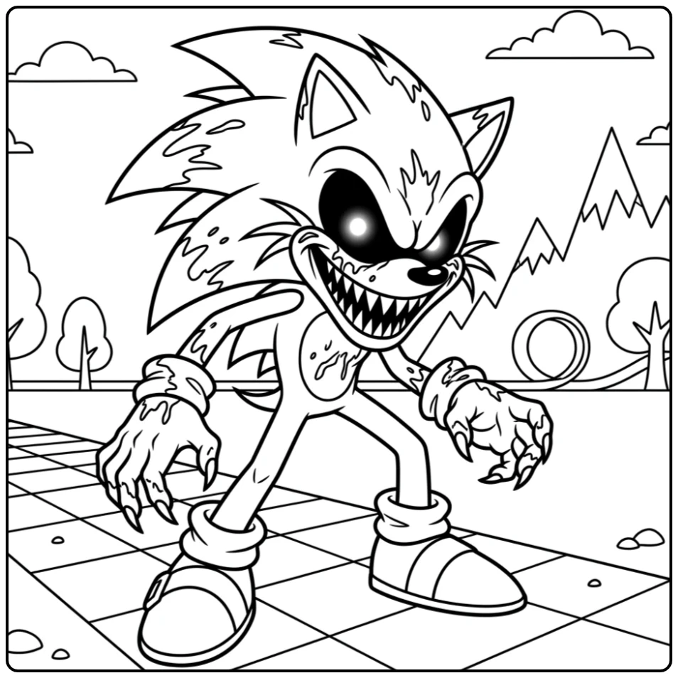 Intense Smiling Sonic.EXE on Chessboard coloring page