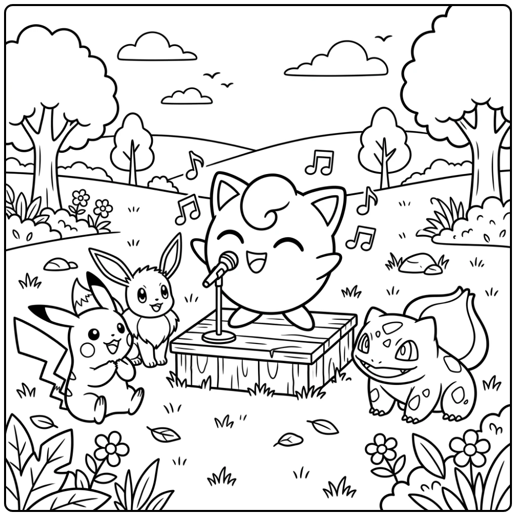 Jigglypuff Music Show with Pikachu Eevee Bulbasaur coloring page