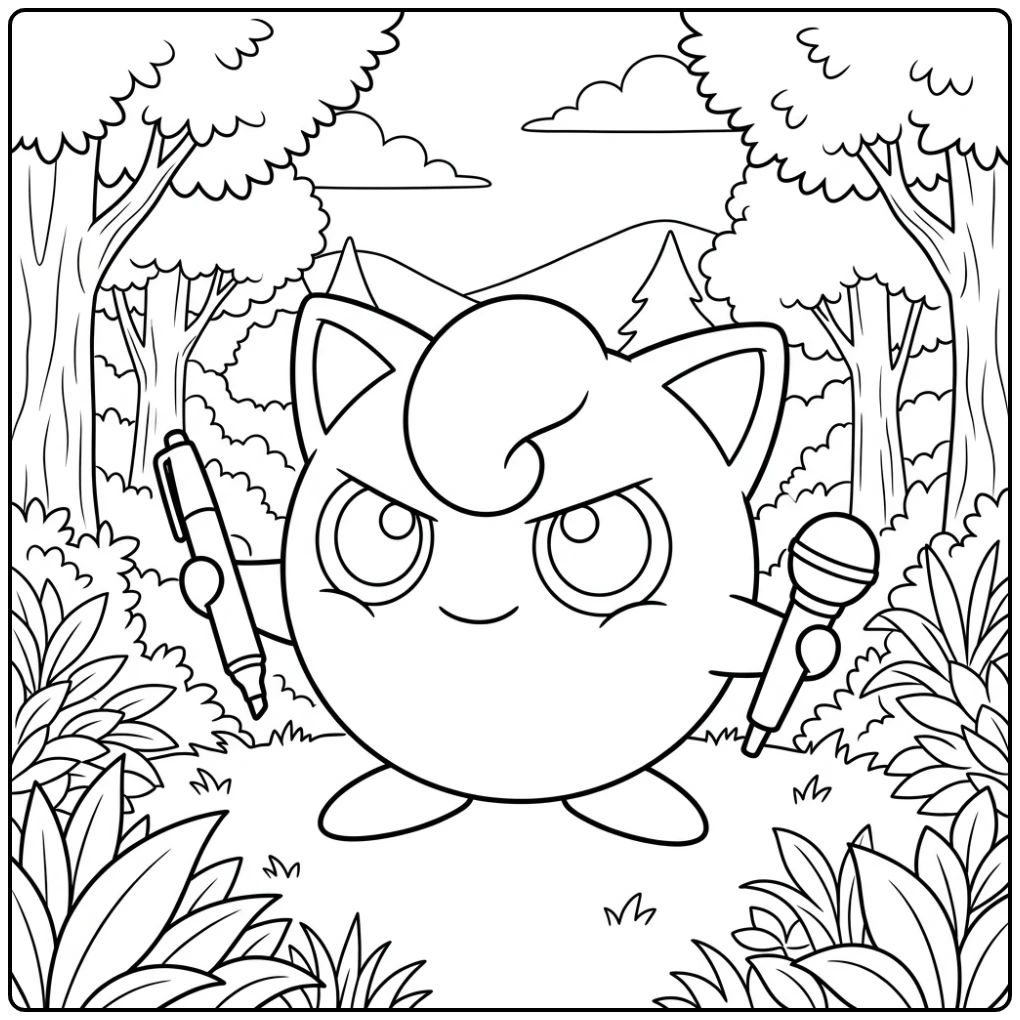 Jigglypuff Pikachu Looking Surprised Toward the Sleeping Snorlax coloring page