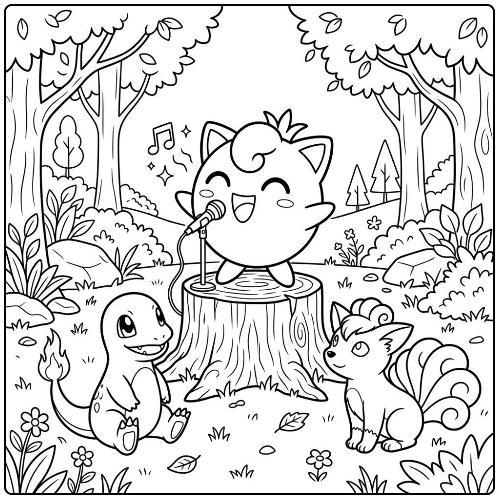Jigglypuff Singing on a Tree Stump for Her Friends coloring page