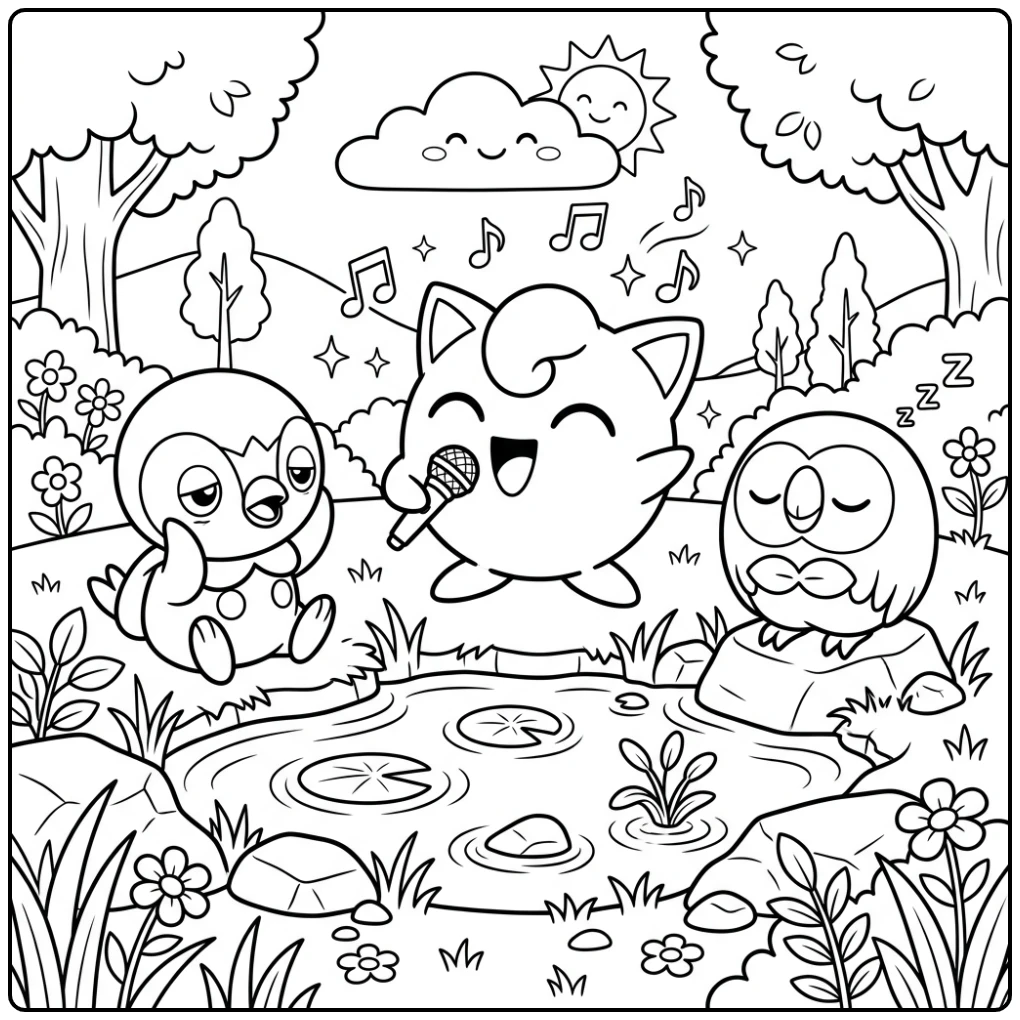 Jigglypuff Singing for Piplup and Rowlet Sleeping coloring page