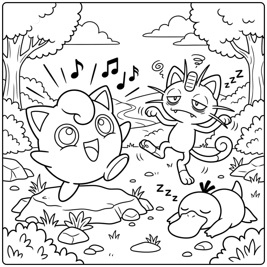 Jigglypuff Singing Battle with Meowth and Tired Psyduck Sleeping coloring page