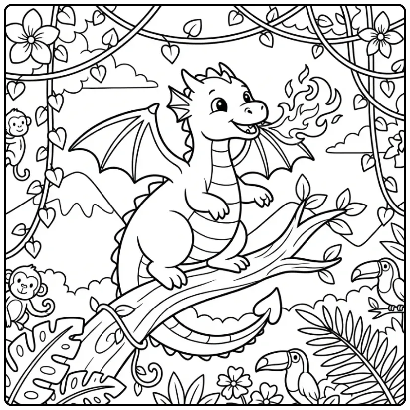Jungle Adventure Dragon with Fire coloring page