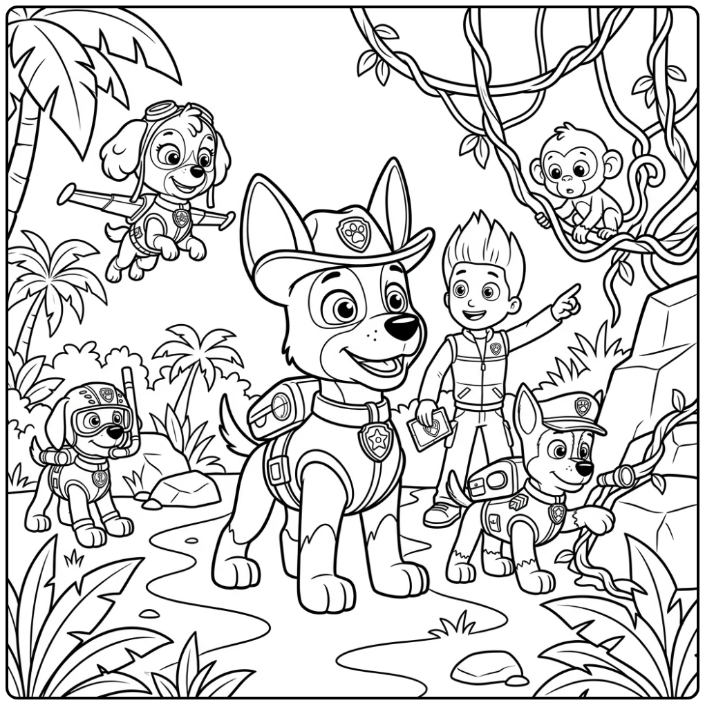 Jungle Adventure Paw Patrol Tracker in Action coloring page
