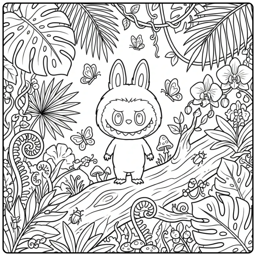 Detailed Labubu Jungle Adventure with Butterflies coloring page