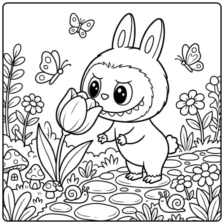Kawaii Labubu Adventure in the Flower Garden coloring page