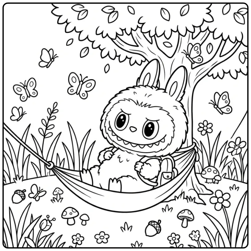 Kawaii Labubu in the Meadow with Flowers coloring page