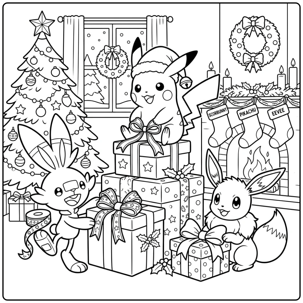 Pokemon Christmas Fun with Pikachu, Eevee, and Scorbunny coloring page