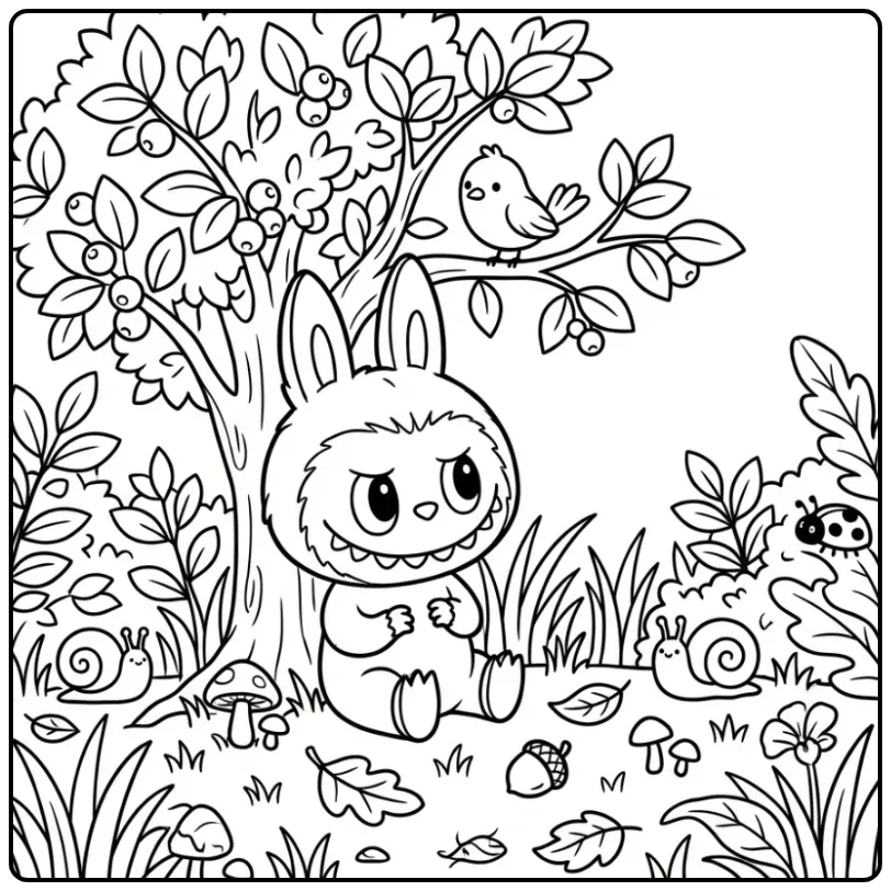 Small Cute Labubu Under a Bush in the Forest coloring page