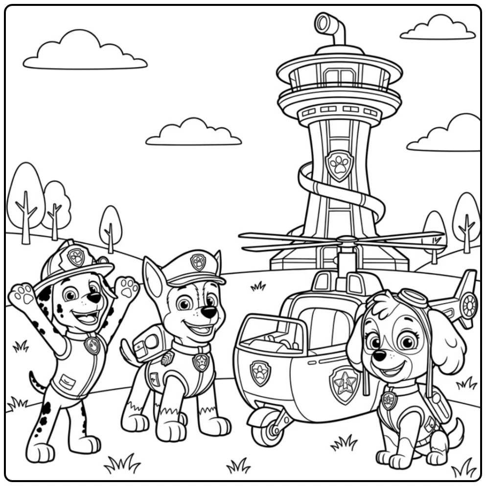 Color Paw Patrol Skye with Marshall and Chase coloring page