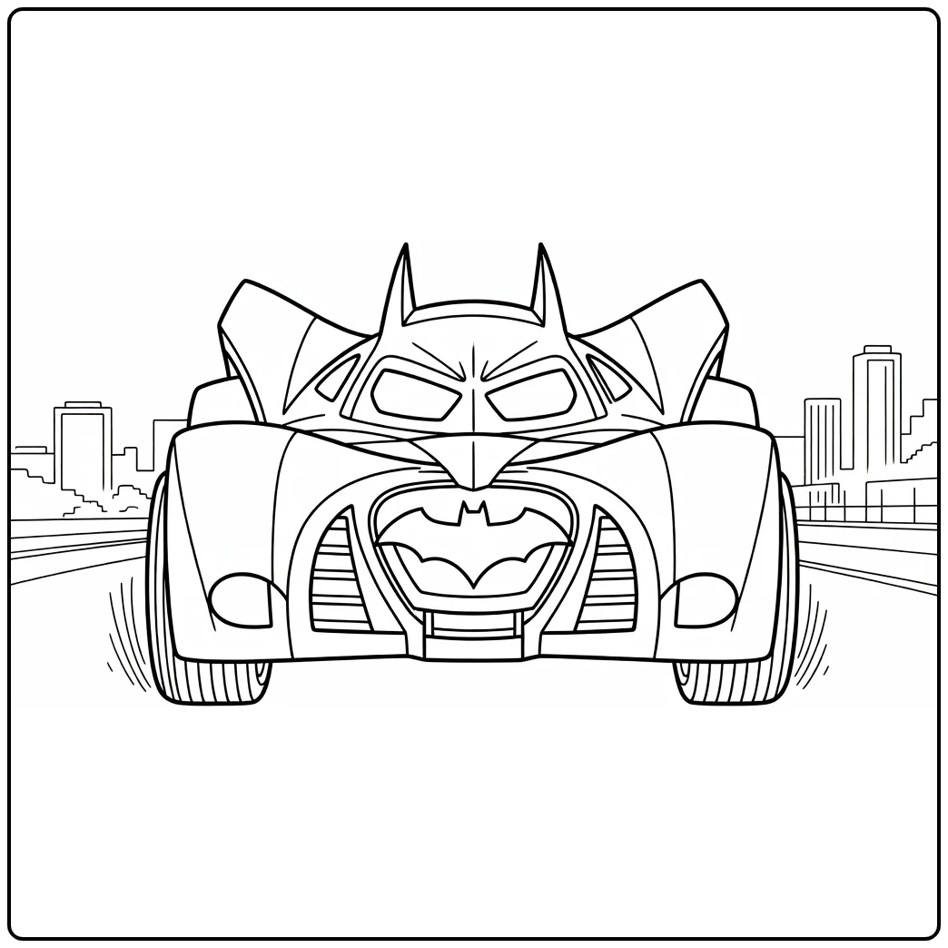 Batman Car Batmobile from the Front Tough with City Background coloring page