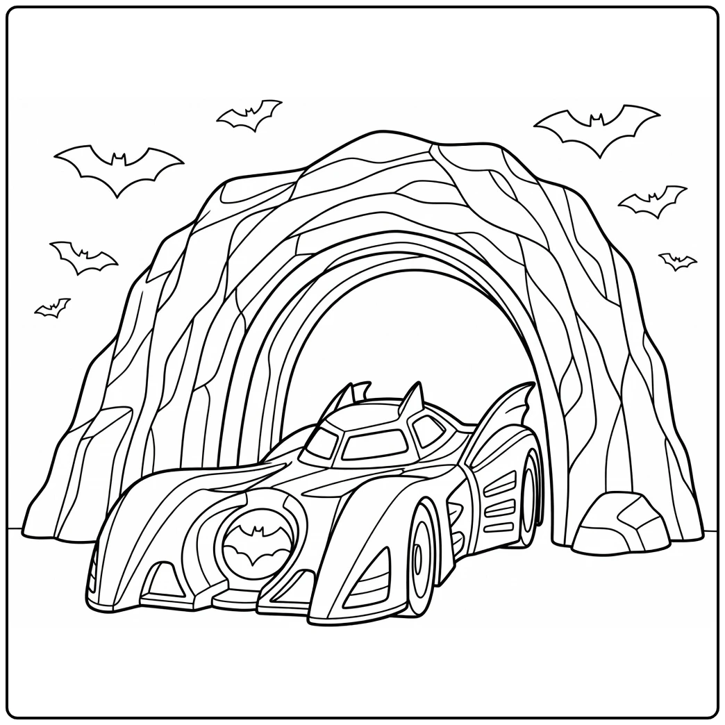 Batman Car with Batcave Entrance Rocks and Bats coloring page