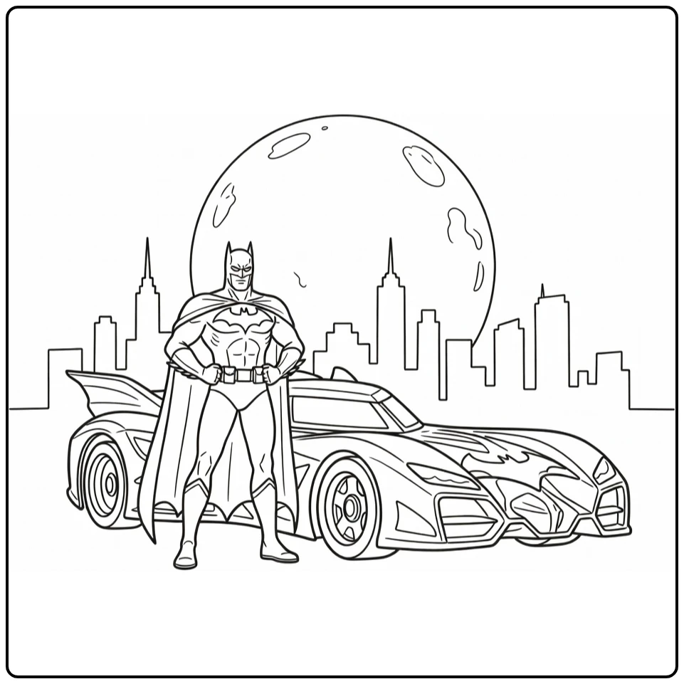 Car with Batman Next to Batmobile Under Big Moon coloring page