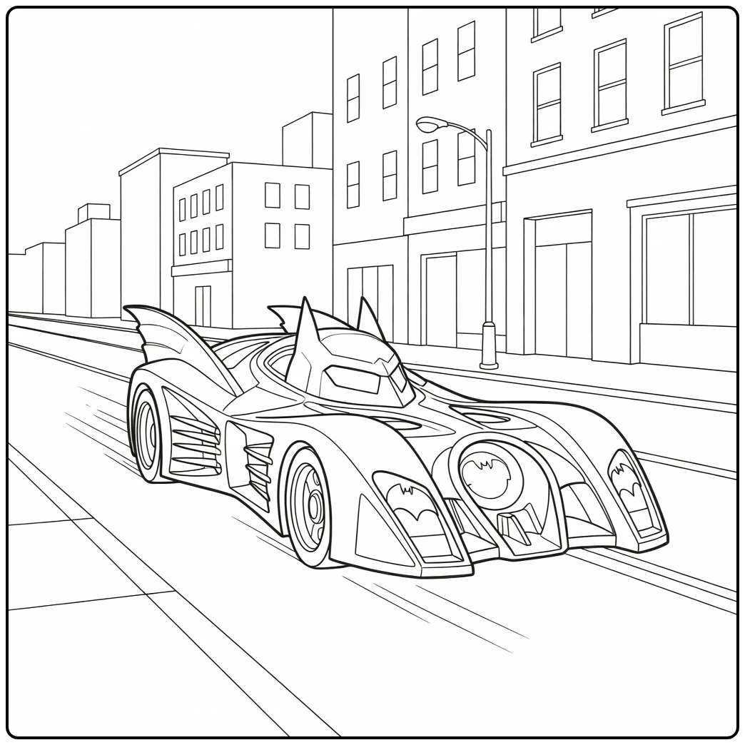 Batman Car with Streetlight and Buildings coloring page