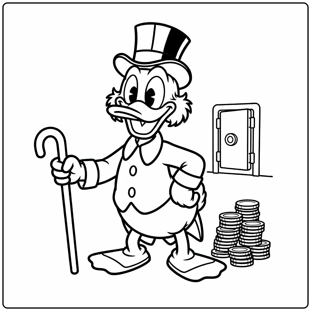 Scrooge McDuck Beaming with His Treasure and Vault coloring page