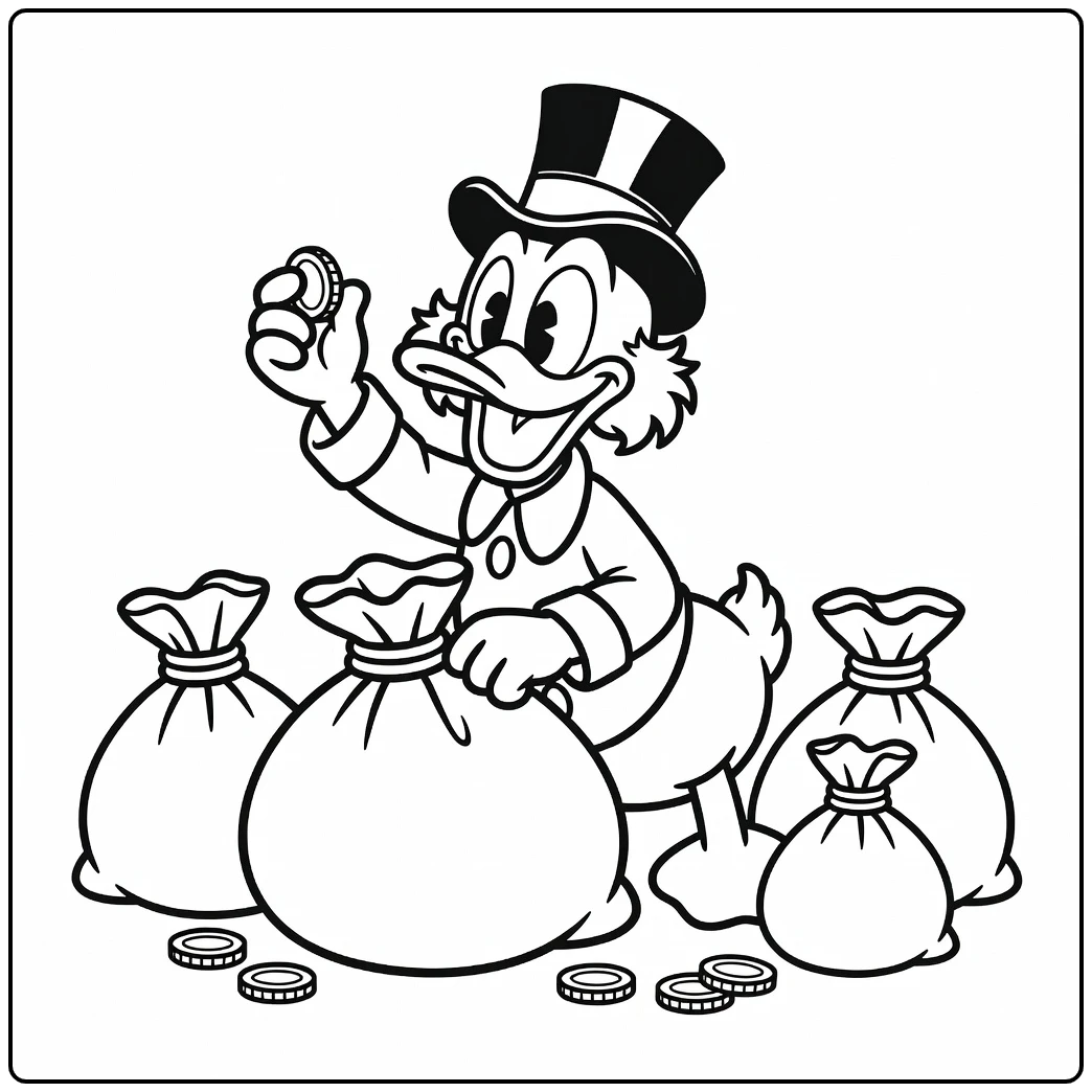 Scrooge McDuck Smiling Over His Wealth coloring page