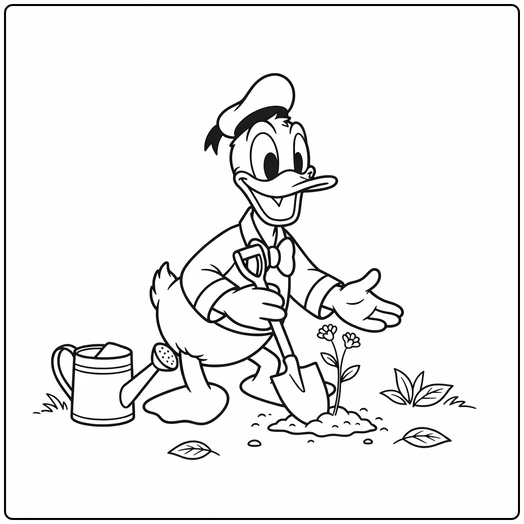 Donald Duck Proudly Planting His First Flower coloring page