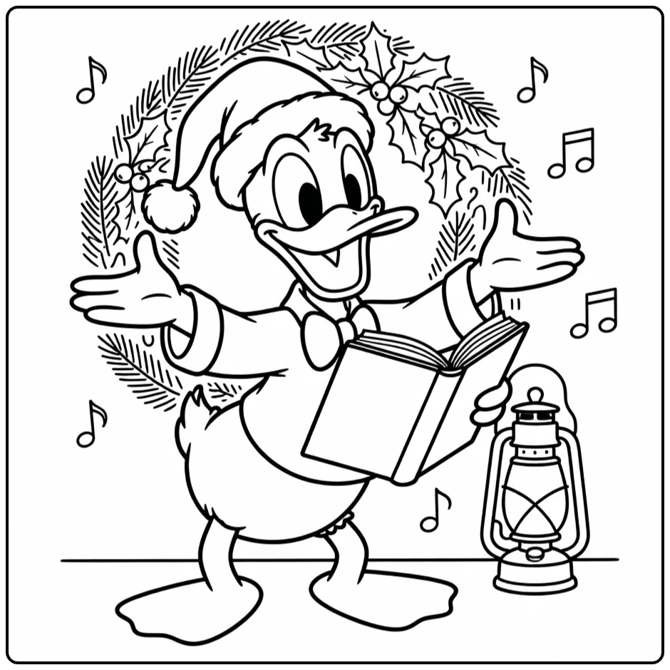 Donald Duck Christmas Singing with Hat and Songbook coloring page