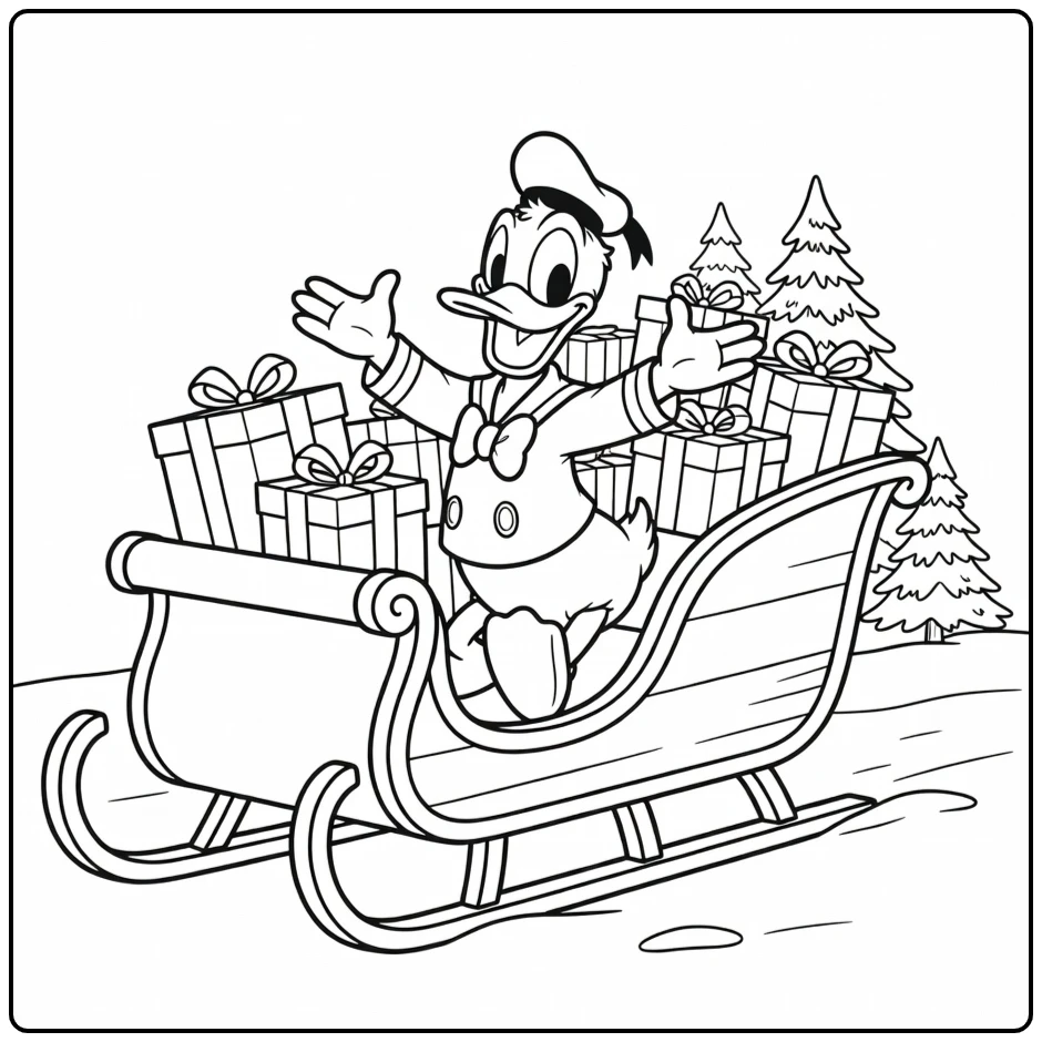 Donald Duck Christmas coloring page with a festive scene